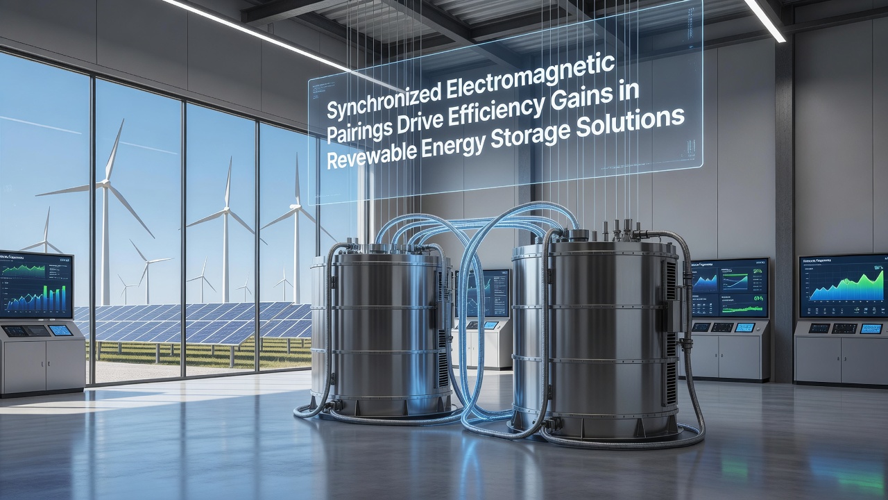Photograph of a large-scale renewable energy storage facility featuring synchronized electromagnetic coil arrays connected to wind turbines